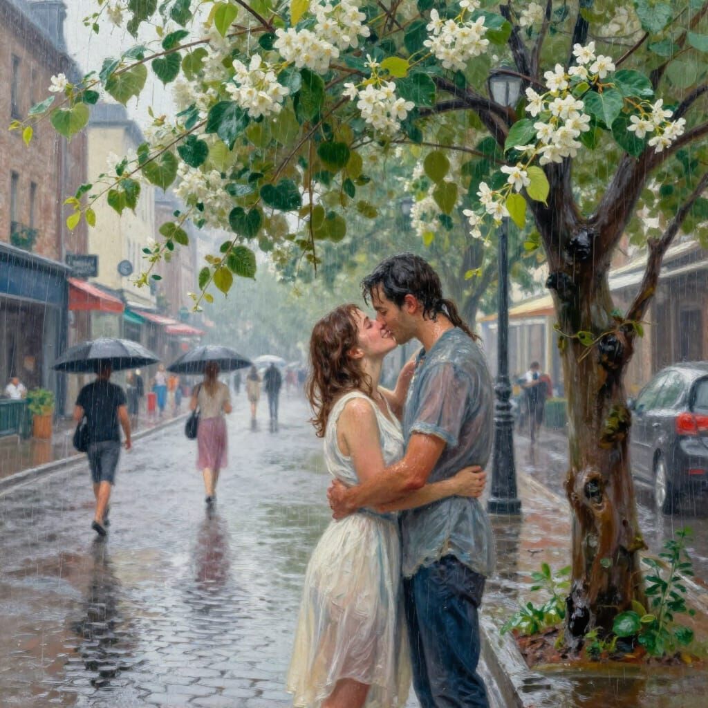 A city street, summer, sudden rain shower, a couple in love takes shelter under a blossoming linden tree, ...  by @Fata Morgana