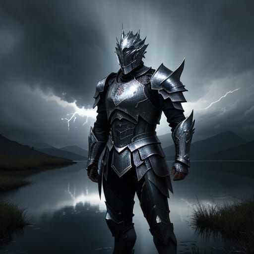 Warrior in Mighty Armor Before Reflective Lake