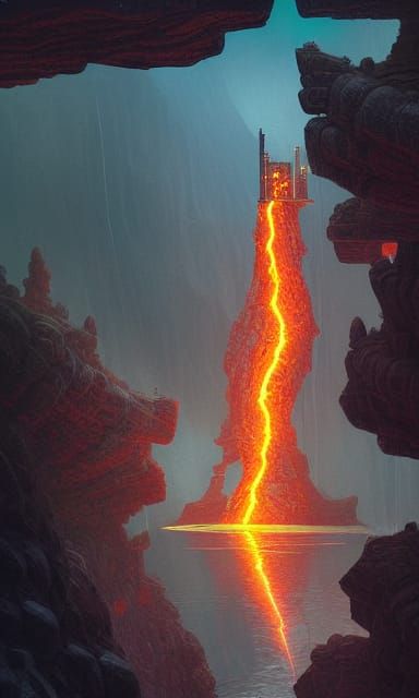 Epic Metal Tower Landscape with Lava Waterfall