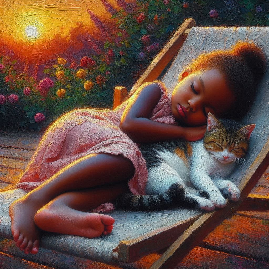 sleeping girl with her cat.