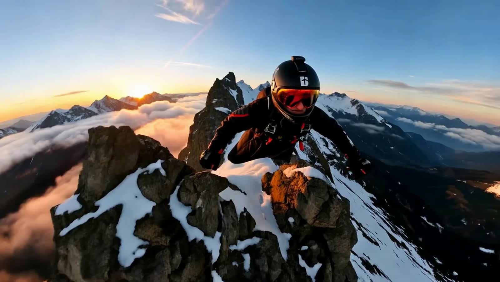POV shot of a man wingsuit flying fast and low along rugged mountain ridgelines, skimming past rocky cliffs and snowy pe...