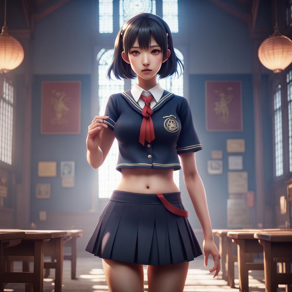 Anime Asian in School Uniform, Detailed Matte Painting