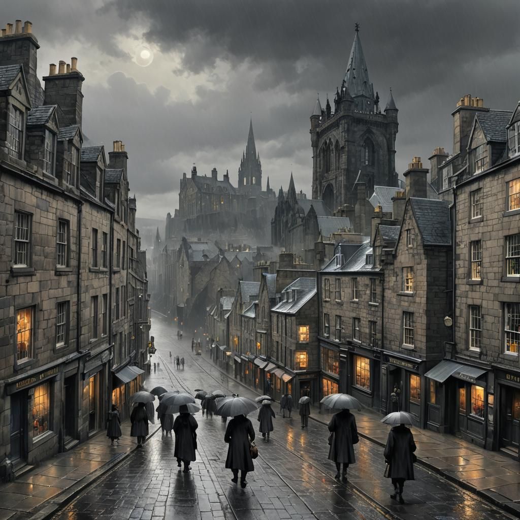 Edinburgh old town under a grey rainy sky  by @ericB