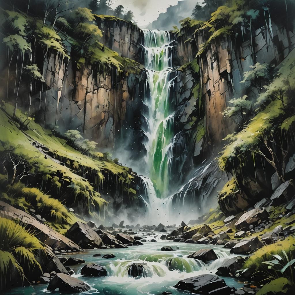 Dramatic Mountain Waterfall Landscape Painting