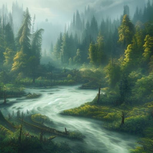 Aerial view river through forest