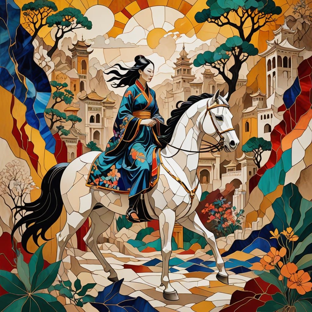 Ethereal Nude Rider in a Vibrant Desert Landscape