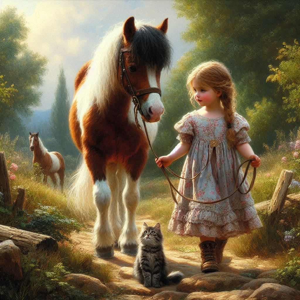 a little girl, her pony and cat