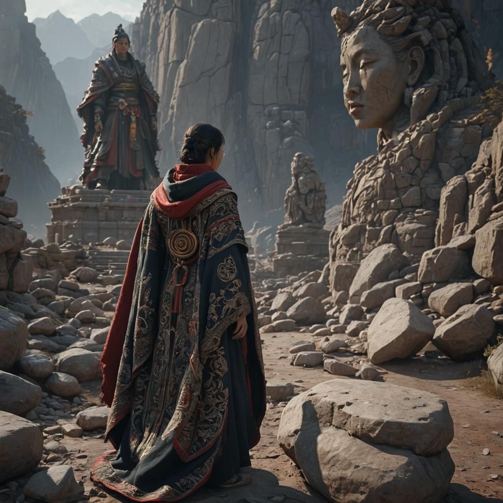 Woman Gazing at Stone Statue in Unreal Engine 5
