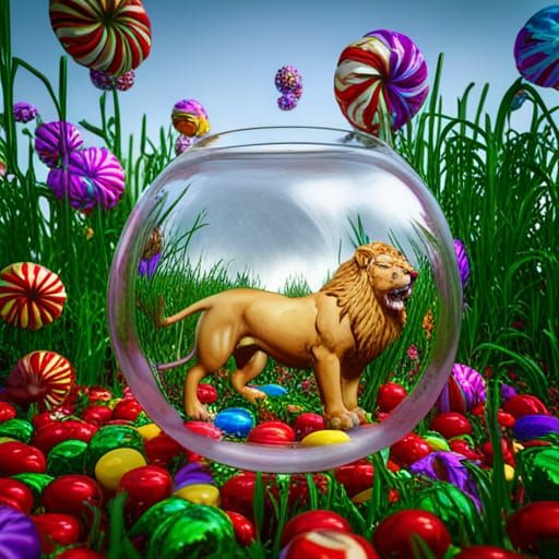 Roaring lion inside a blown glass in a candy field