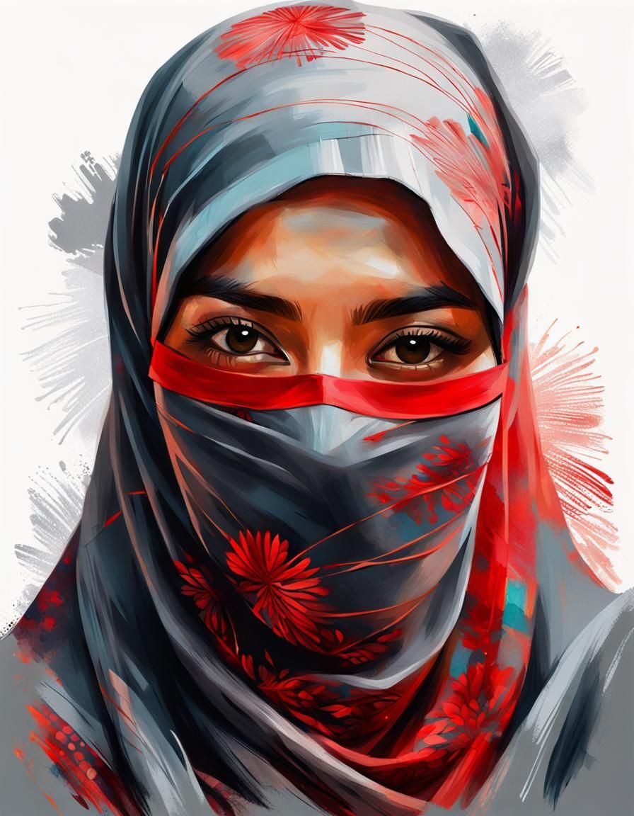 Splashy alcohol ink portrait of  Malaysian girl wearing gray...