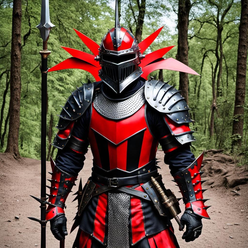 A man covered head to toe in red and black armor with a helm...