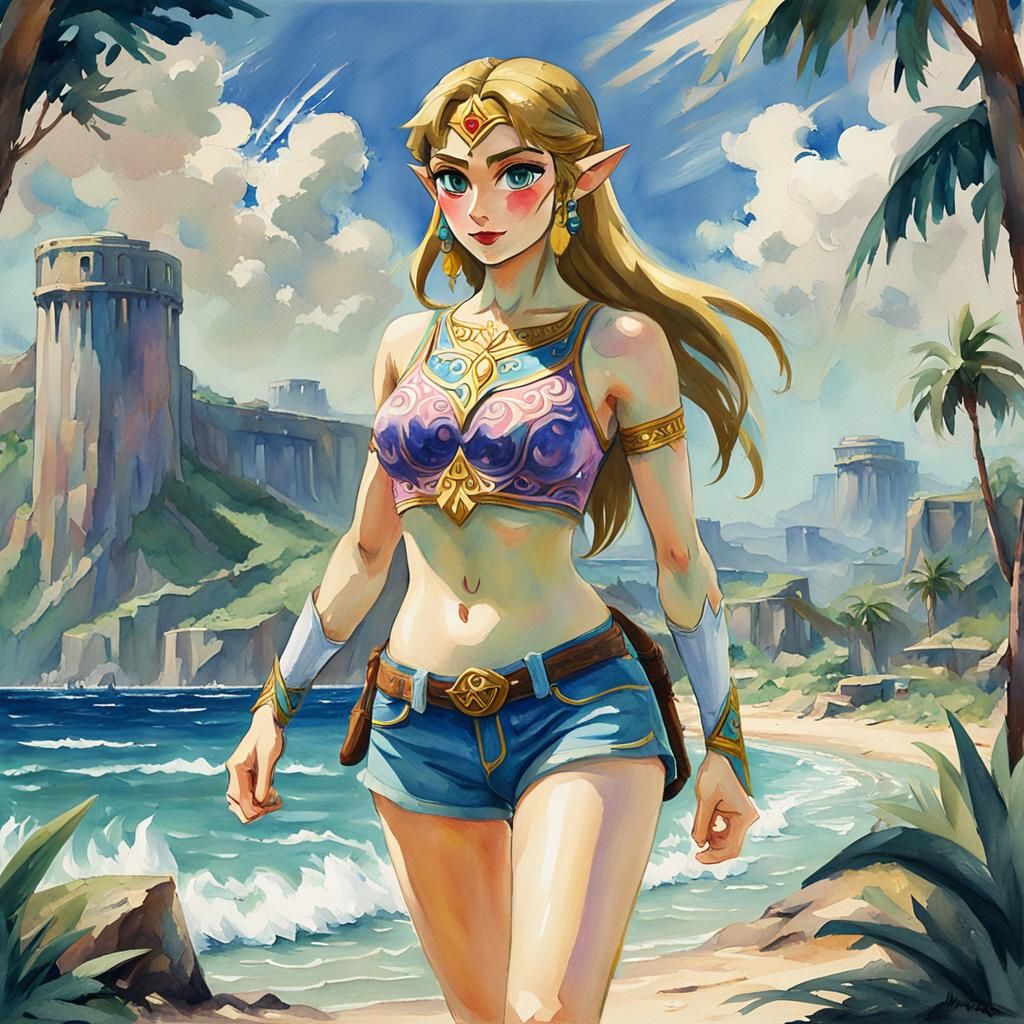 Princess Zelda wearing a bikini top and jean shorts