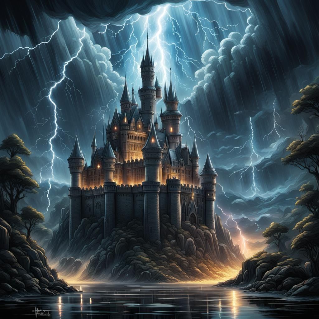 A Grand Grey Tall Castle during a Lightning Storm Epic cinematic brilliant stunning intricate meticulously ...  by @Ringking 1978