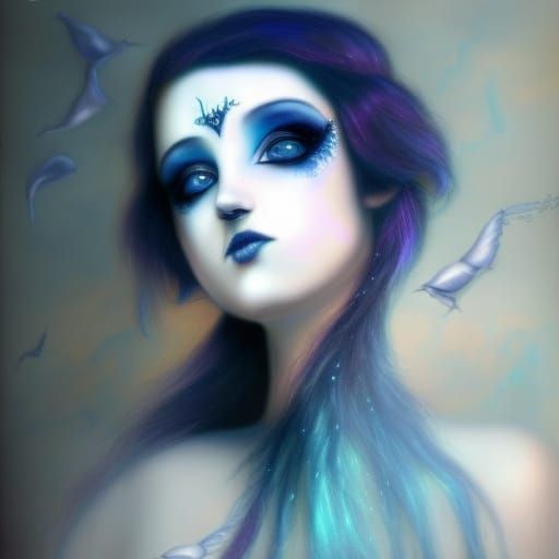 Ethereal gothic young lady with indigo hair and indigo eyeshadow and ...