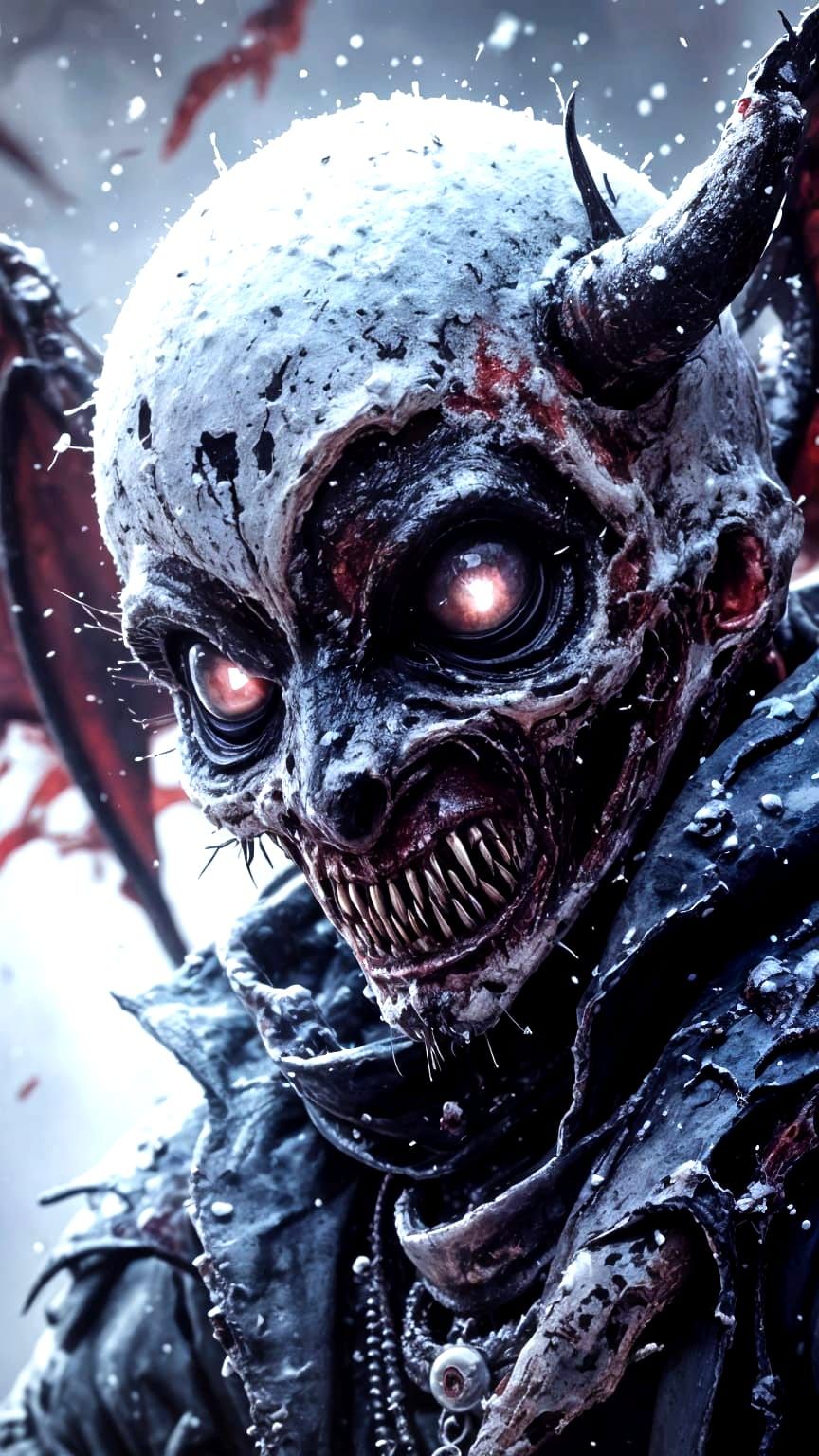 Sinister Demon Creature with Terrifying Eyes in Snowy Dark W...