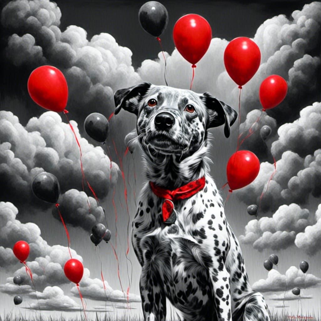 Red Balloons on Clouds in a Surreal Pop Art Style
