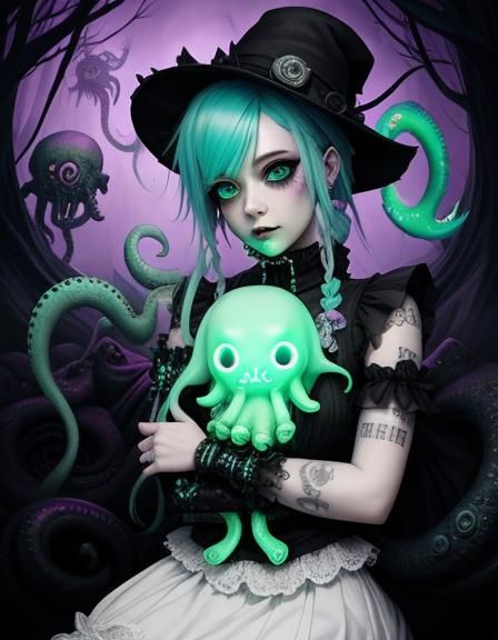 A Adorably Terrifying Pastel Punk Princess cuddling a Cthulh...