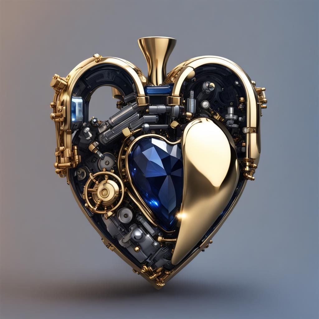 Gold and silver and dark blue sapphire cyberpunk heart. Smoking coming