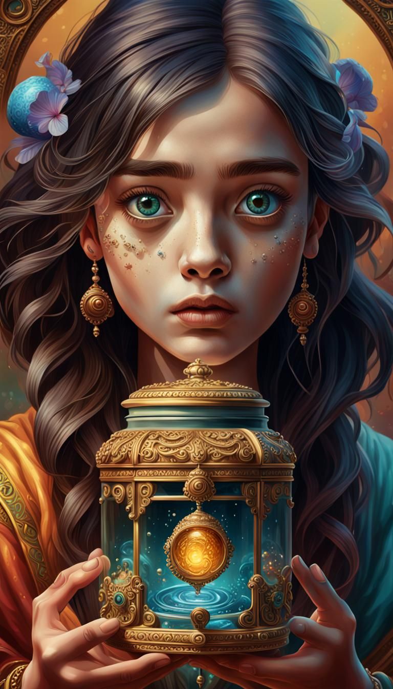Pandora holding a ornate, mysterious box (or jar) with curio...