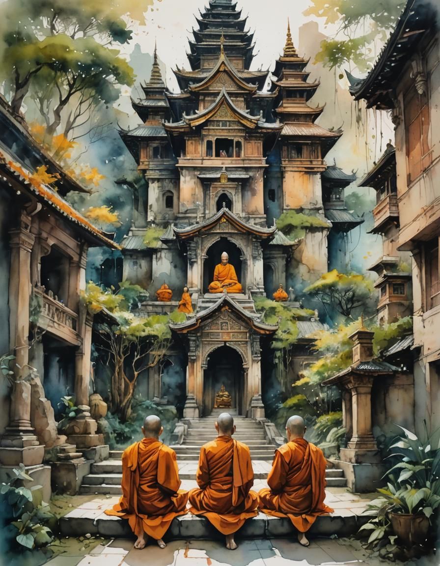Monks seated in front of a Buddhist monastery.  by @CloST 