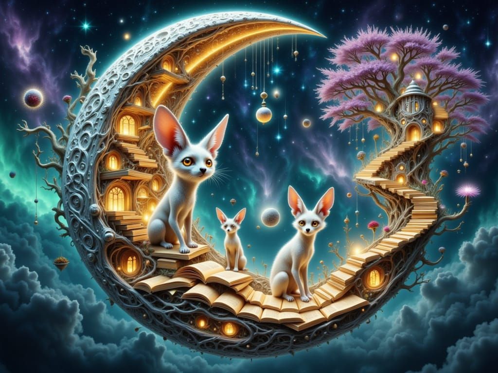 <lora:FiosCrescentMoons:1.0>  Fennec Foxes in a Crescent Moon Library