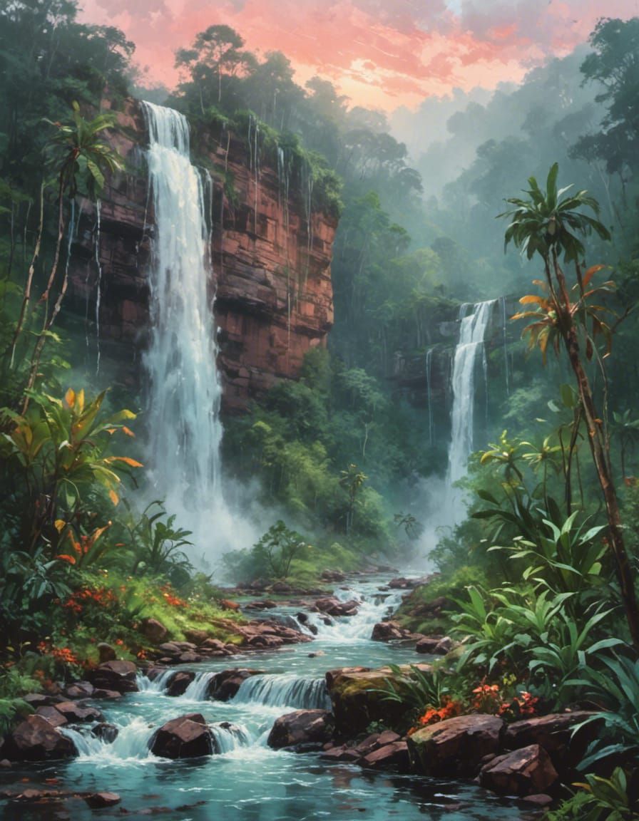 painting sunrise forest waterfall landscape