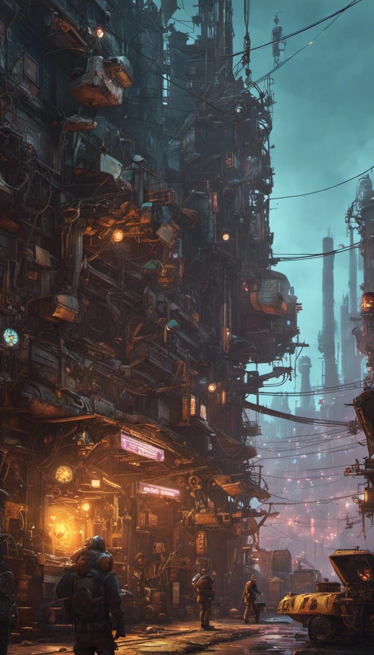 metal cyberpunk Machinarium industrial small urban neighborhood in ...