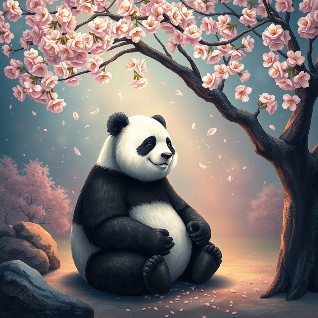 Zen Panda in Pointillist Cherry Blossom Garden