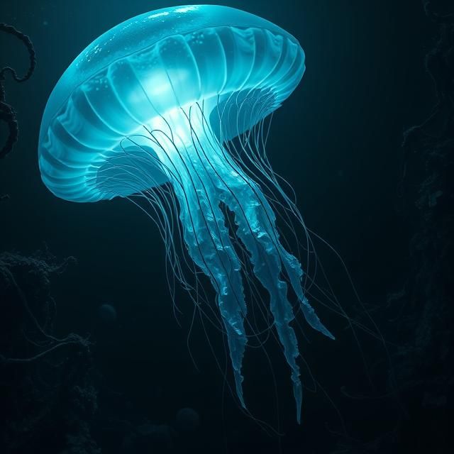 Abyssal Jellyfish Majesty 🌊✨ Giant bioluminescent jellyfish in deep sea, hyperrealistic, dark atmosphere.