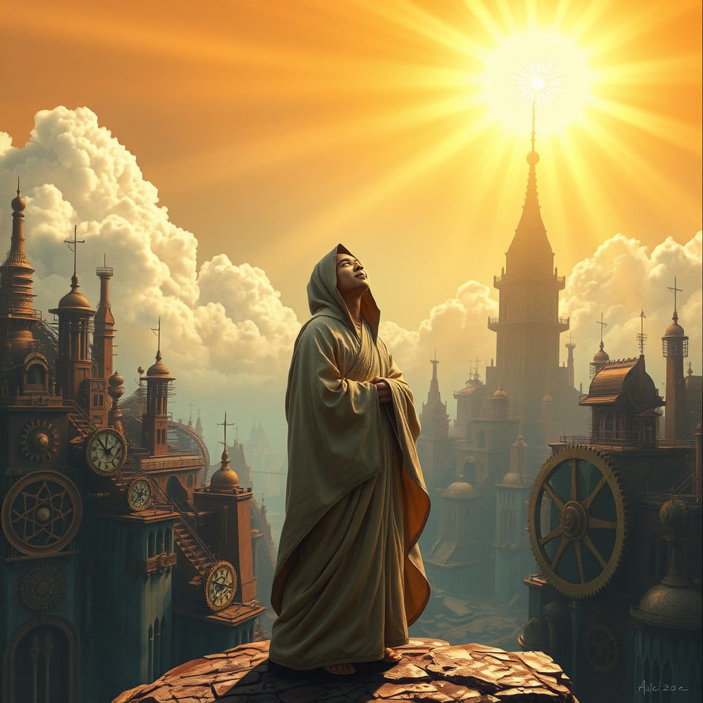 Monk in Steampunk Cityscape Contemplates Divine Light