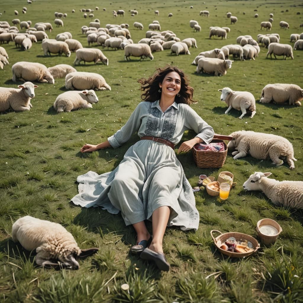 A laid back middle Eastern 30s woman lying on grass, having a picnic, with a herd of sheep in the distance, with gentle breeze blowing, wear...