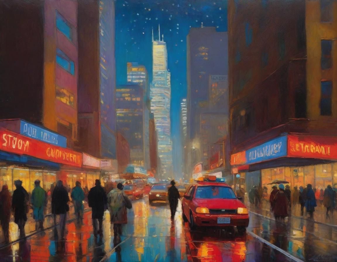 Nighttime Cityscape Oil Painting with Golden Hour Glow