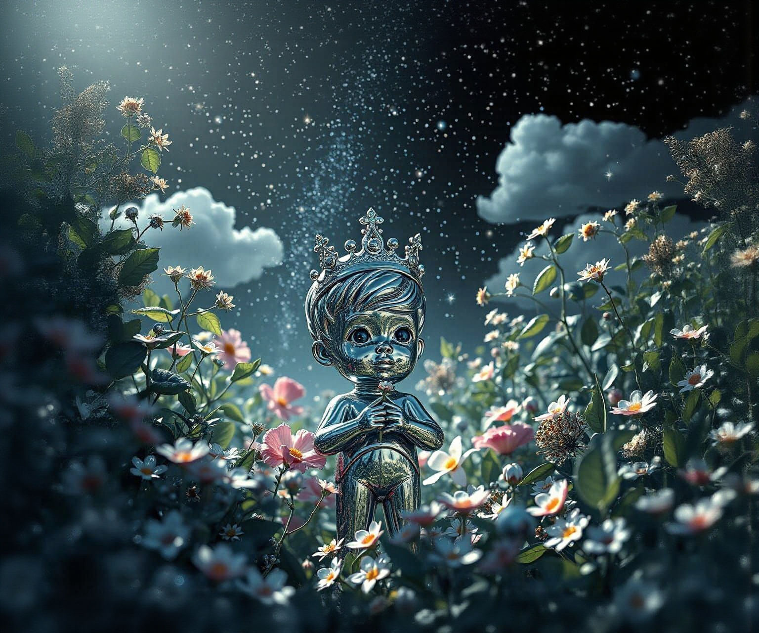 A Cute Little Boy Made of Chrome in a Chrome Jungle