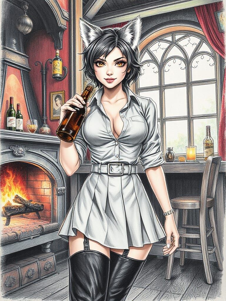 Anthropomorphic She-Wolf in Tavern Setting, Hyperrealistic A...