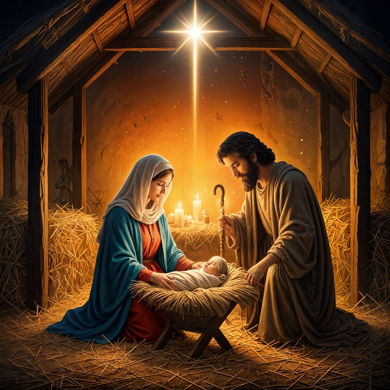 Traditional nativity scene with Mary, Joseph, and Baby Jesus in the manger, and angels above. The Christmas ...  by @Flowers