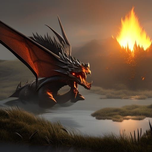 a dark brown dragon breathing fire onto a lake in the middle...