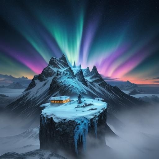 Penguin Skier Under Aurora Borealis Digital Painting