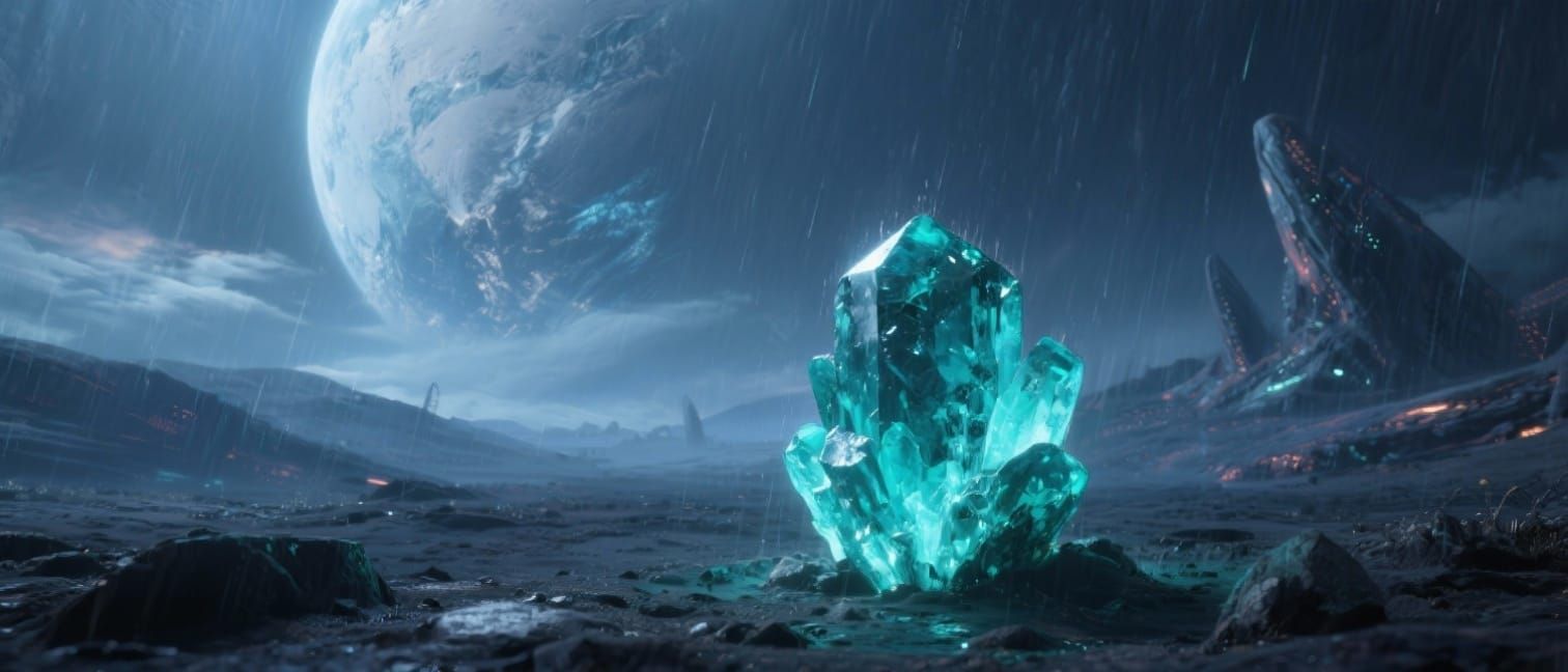 a amazonite mineral glowing on the ground, alien plain - Start Image 1