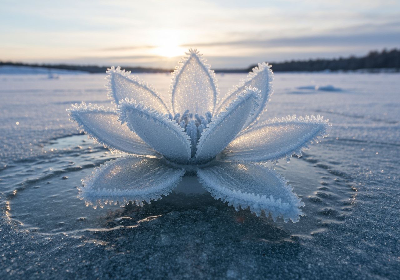 A breathtakingly delicate ice flower blooms in the center of a frozen lake, its petals sculpted from ...  by @Goosie Girl 