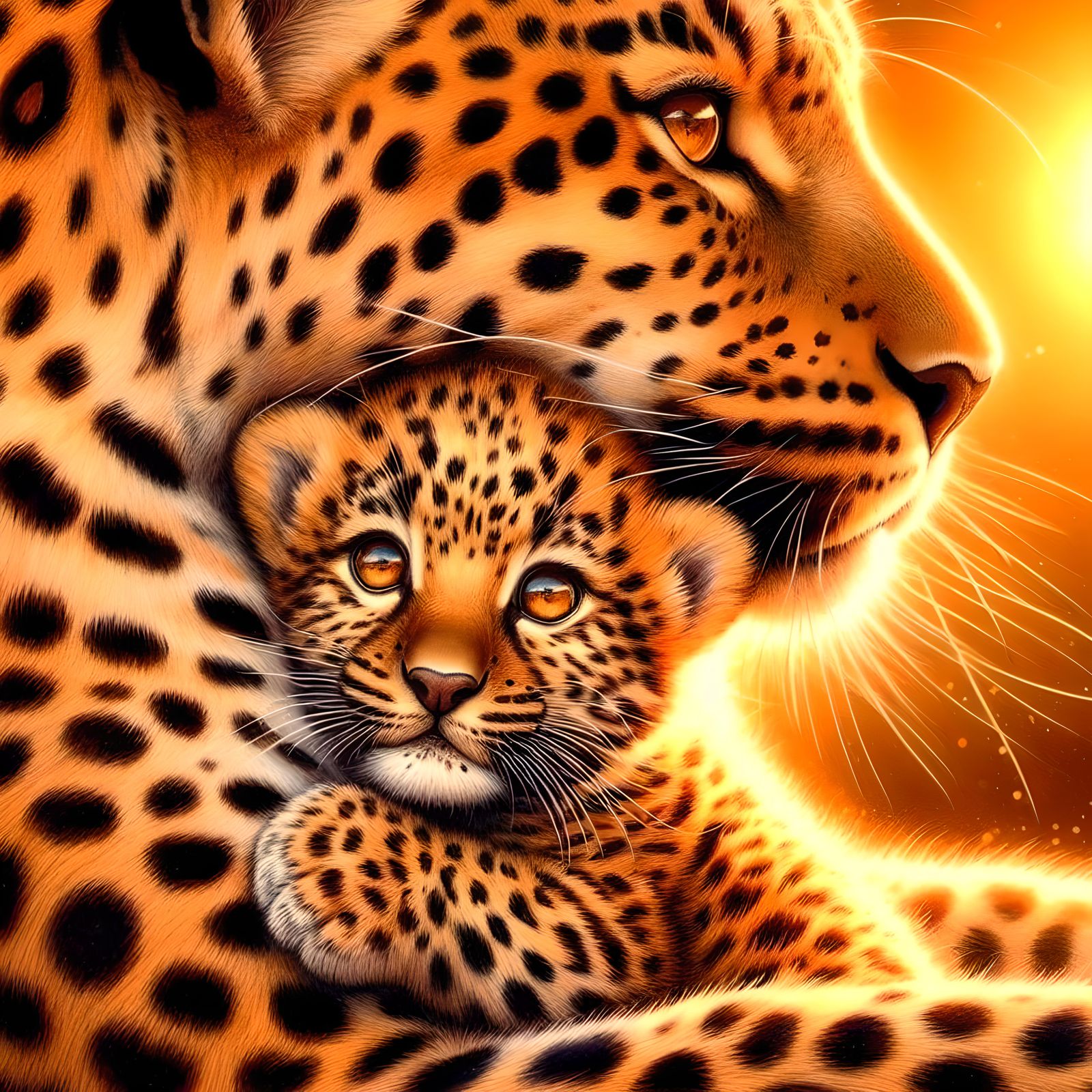 Baby leopard lovingly snuggling with its mother