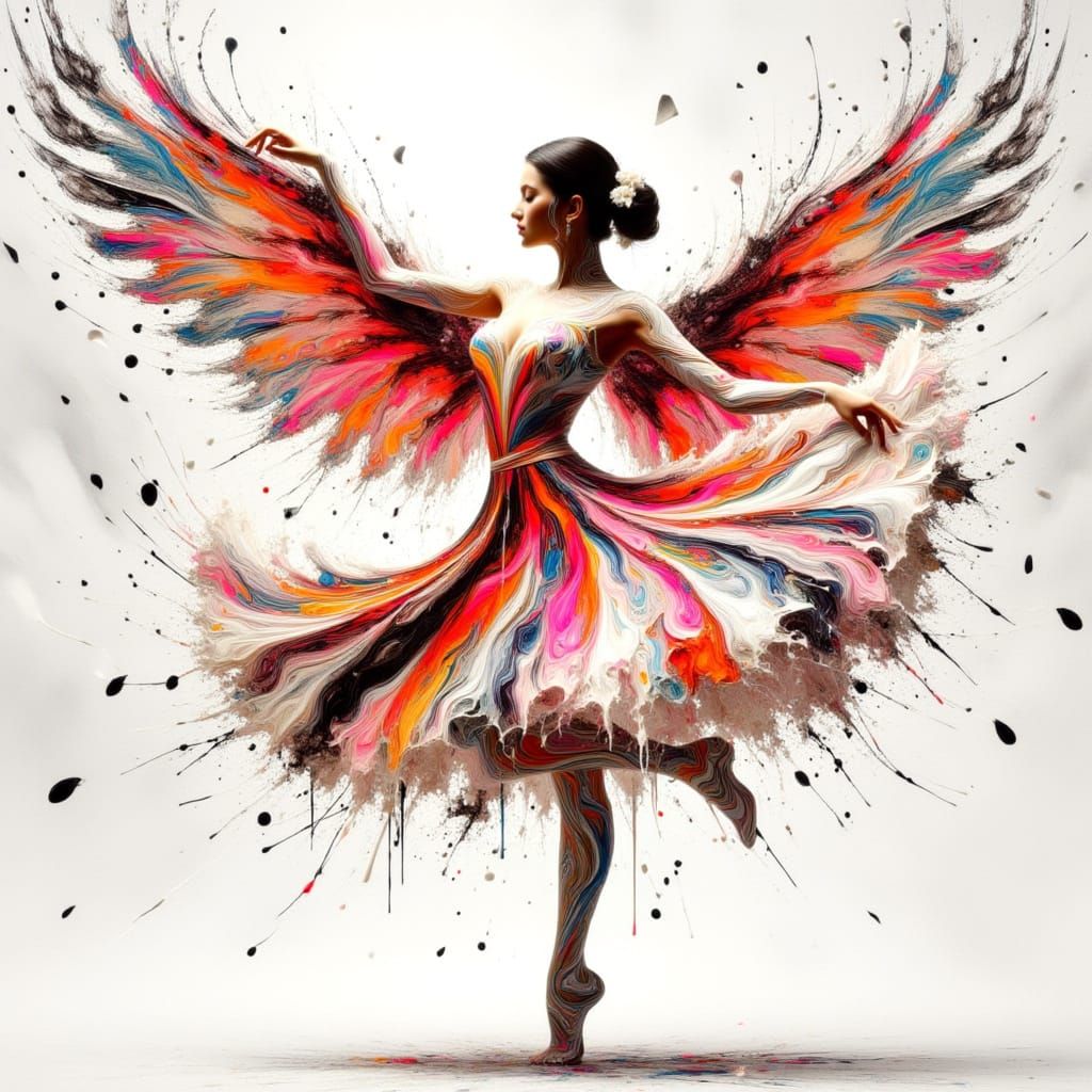 Flamingo dancer with colored flying dress in the style of <lora:JPO:1.0>. Graceful pose