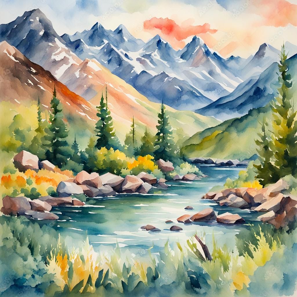 Watercolor Mountain scenery  by @Justme