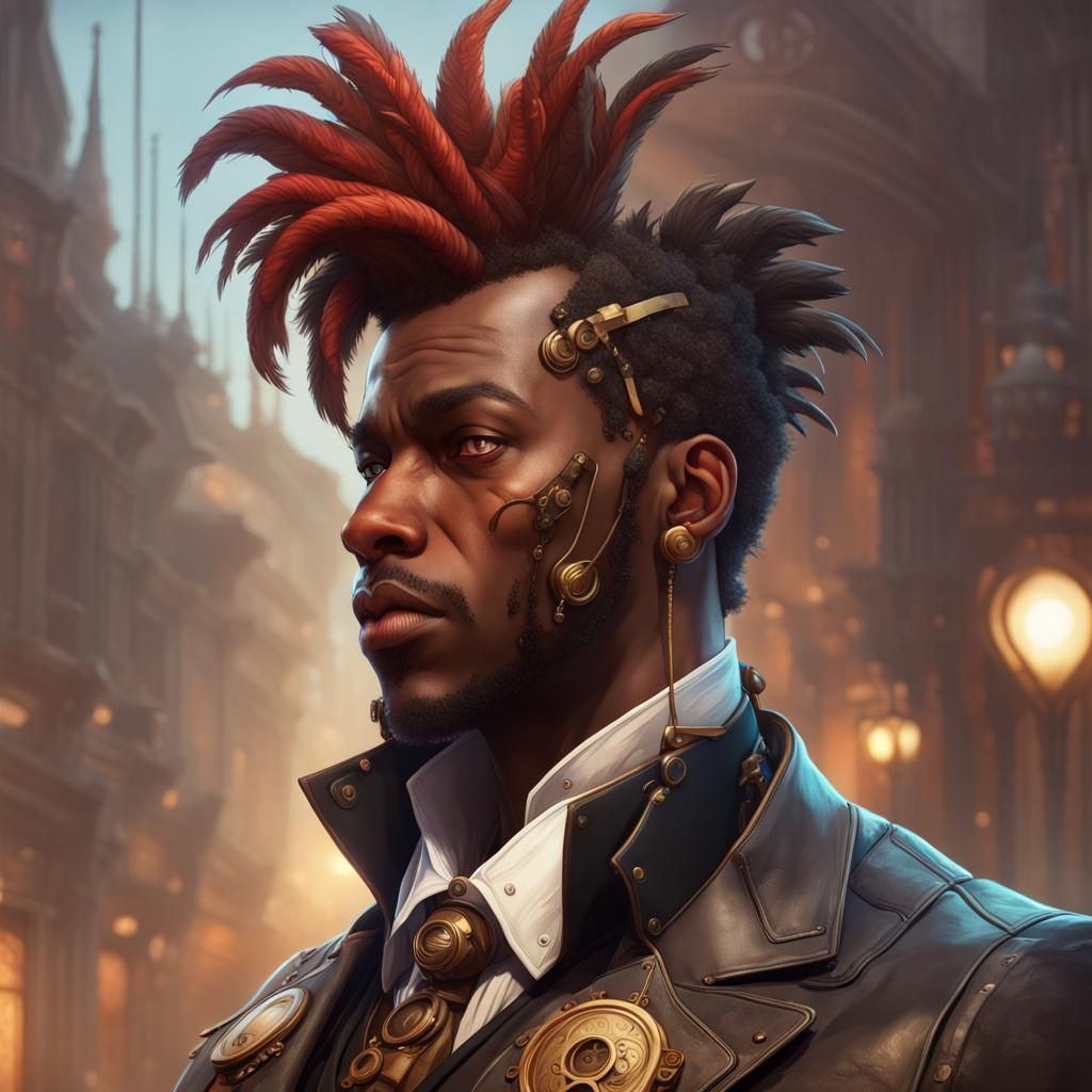 A black man in steampunk clothing looking like a rooster.