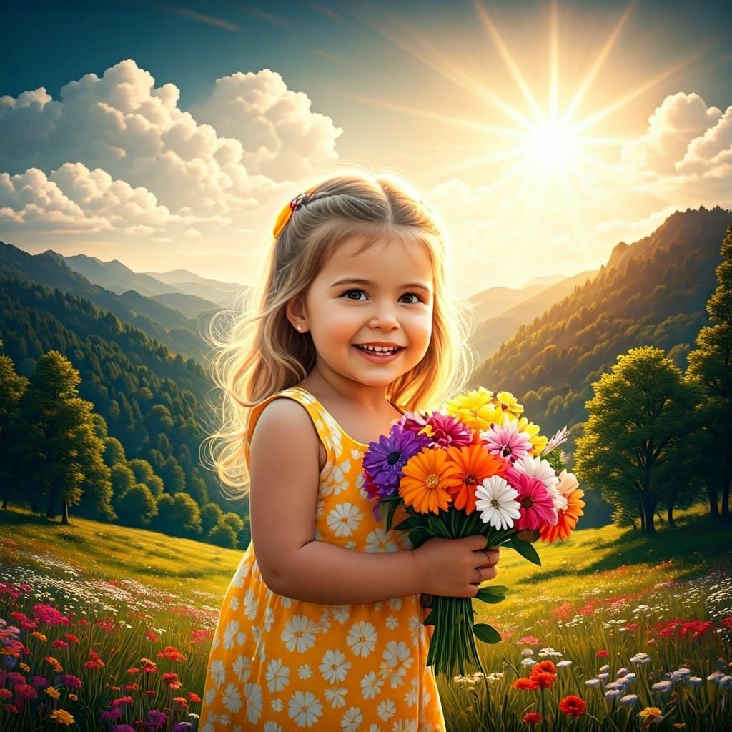 Young Girl Basks in Sunshine Amidst Rolling Hills and Majest...