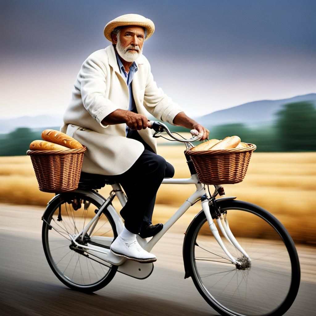 A Frenchman riding a white bicycle and carrying a baguette in his ...