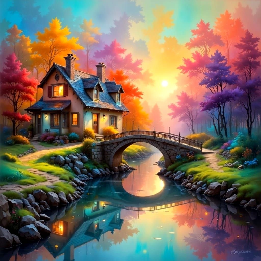 <lora:Colorful-Flux:1.0> Beautiful house on the banks of a peaceful river crossed by a pretty stone bridge, hyper realistic oil painting, tr...