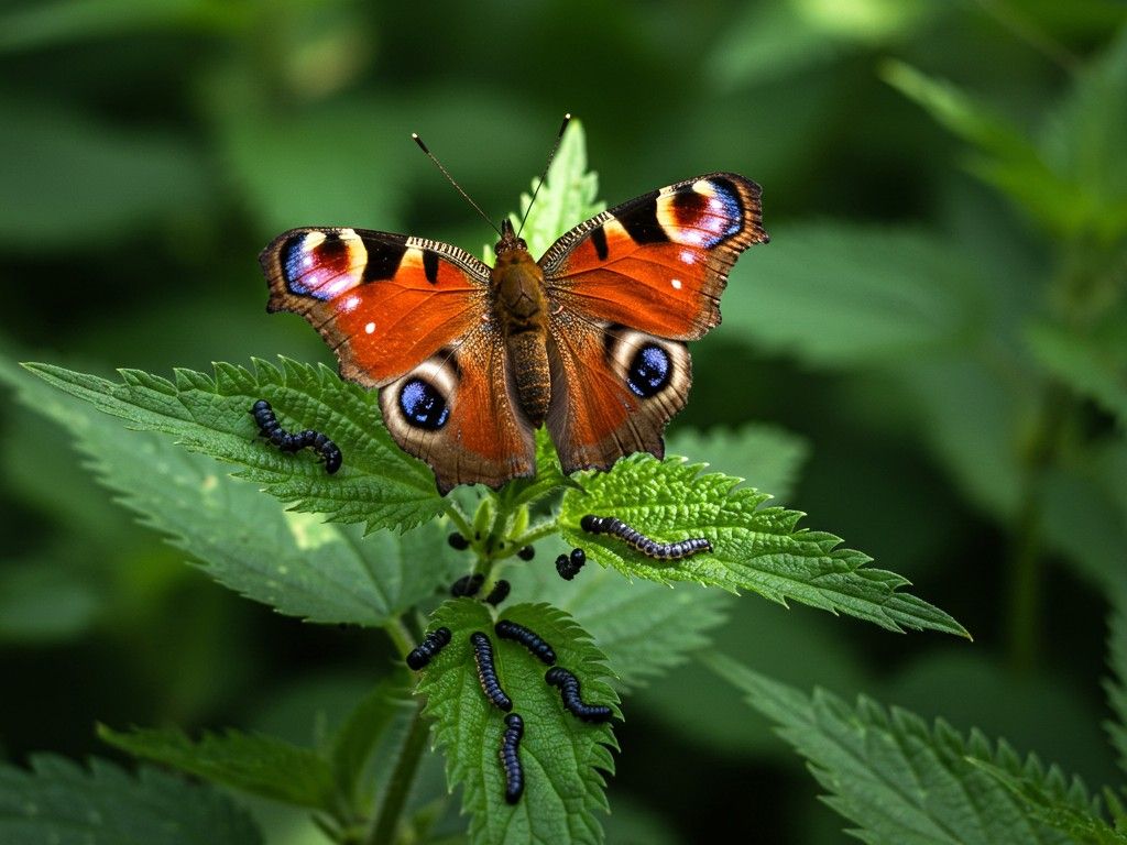 European Peacock butterfly with larvae eating stinging nettles