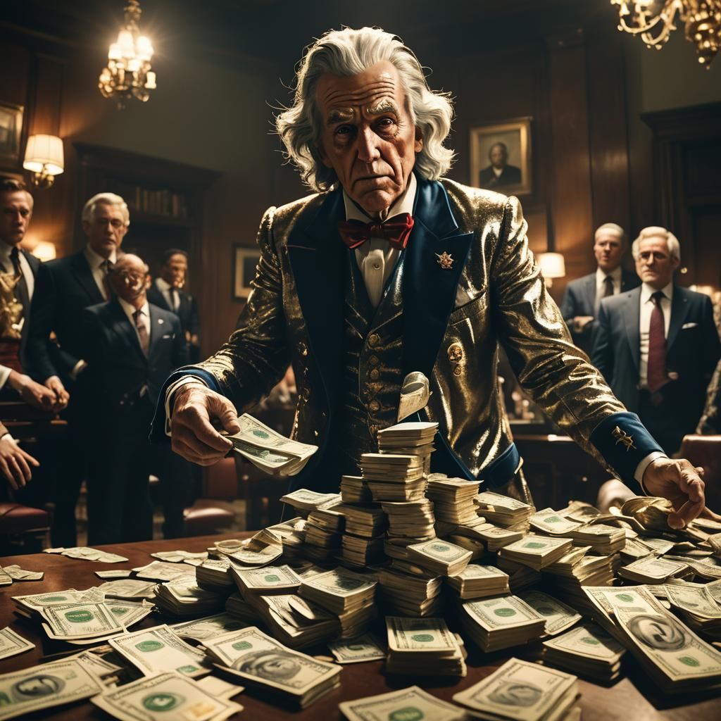 Billionaires surround Uncle Sam. Money is on the table.