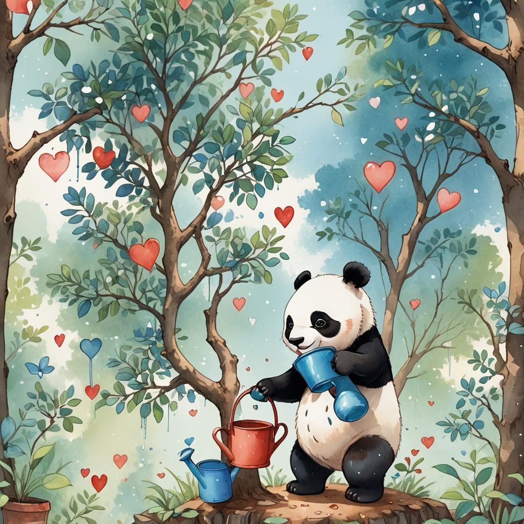 Cute Panda Bear Watering Heart Tree: Anime Art