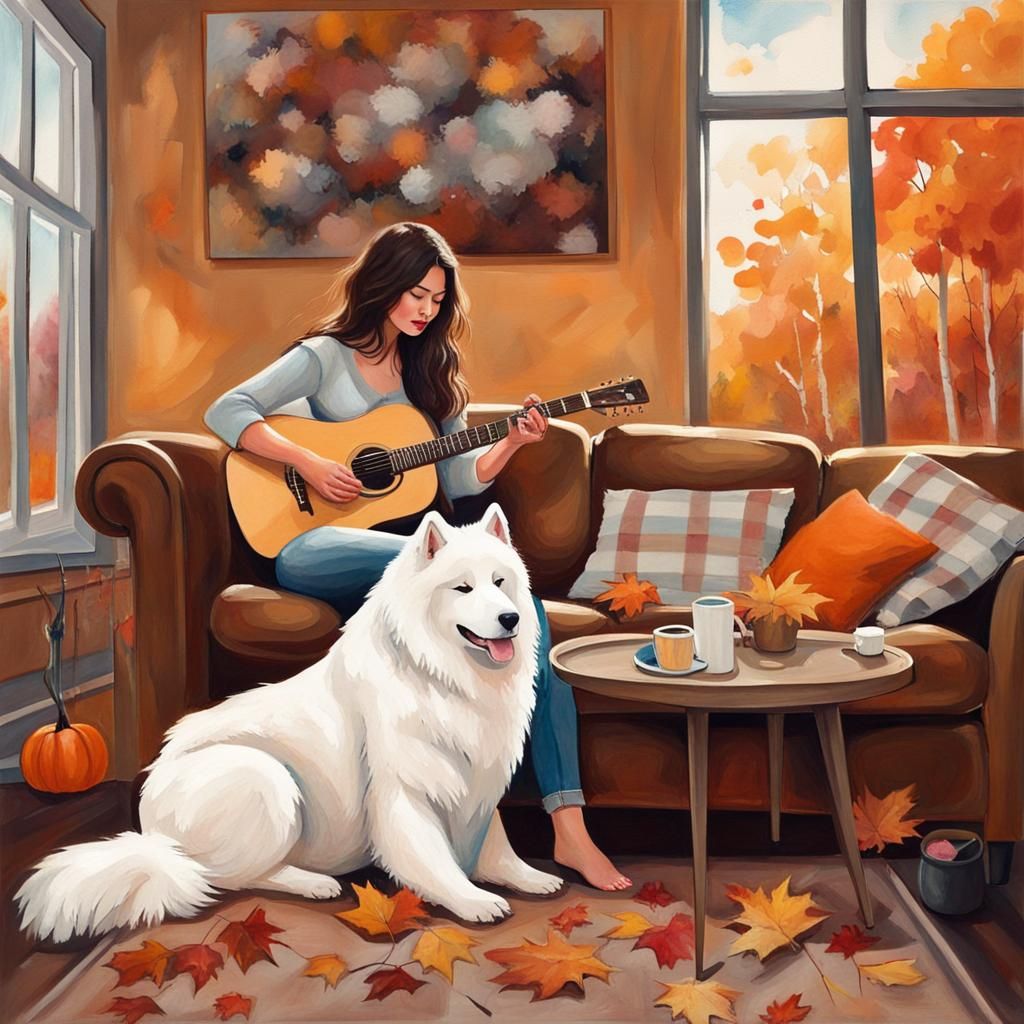 Brunette and Samoyed Dog in Gouache Painting